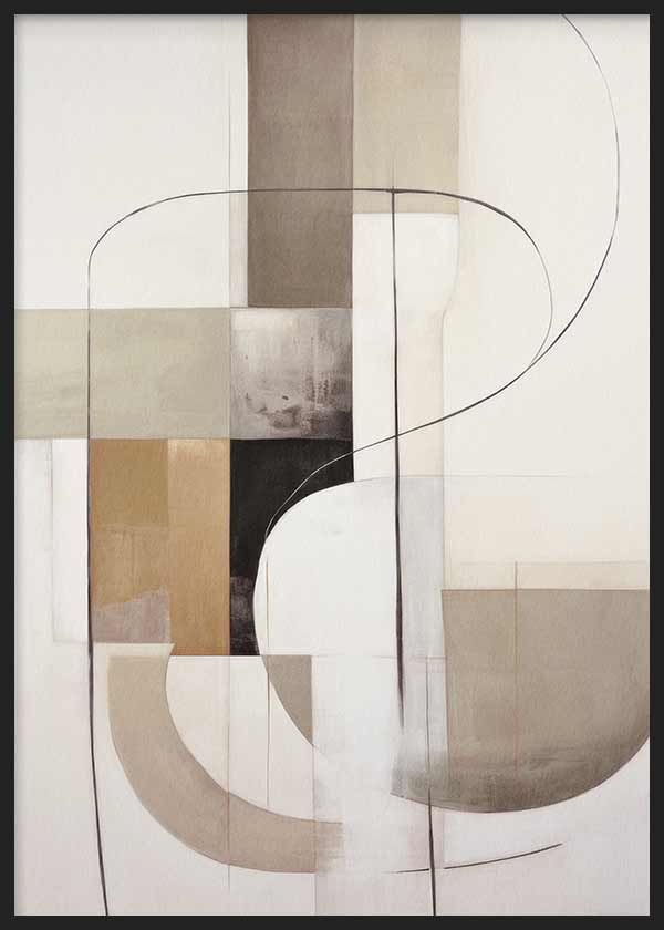 Cuadro de composición abstracta con bloques geométricos, curvas finas y tonos beige, arena, gris topo, blanco roto y negro, de estilo abstracto. Disponible en kudeko.com