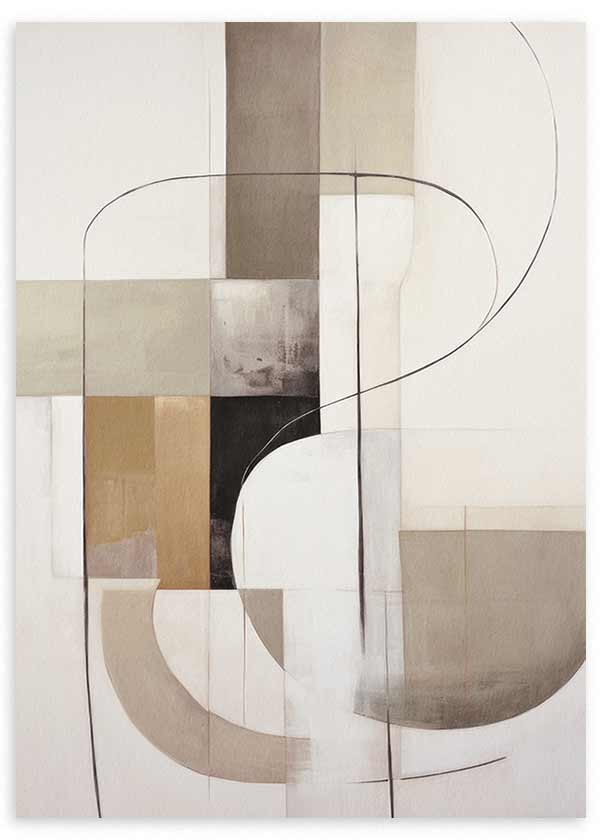Wandbild mit abstrakter Komposition aus geometrischen Blöcken, feinen Kurven und Formen in Beige, Sand, Taupegrau, Off-White und Schwarz, im ausgewogenen abstrakten Stil. Erhältlich auf kudeko.com