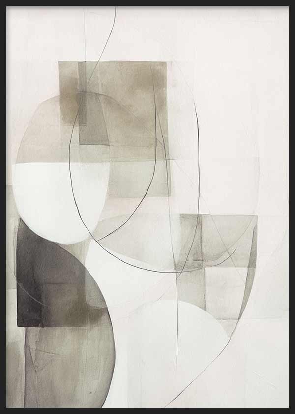 Cuadro con composición abstracta de formas translúcidas, rectángulos suaves, curvas finas y tonos beige, gris, blanco roto y negro, de estilo abstracto. Disponible en kudeko.com
