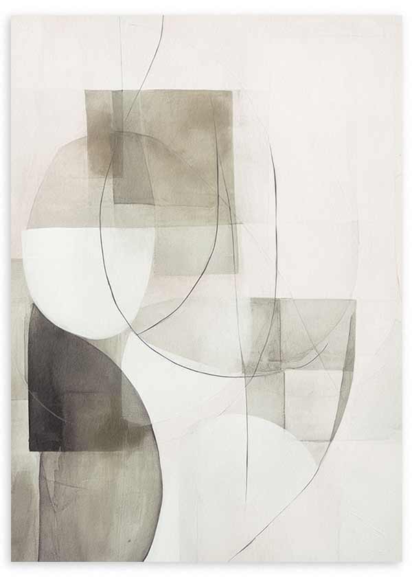 Cuadro con composición abstracta de formas translúcidas, rectángulos suaves, curvas finas y tonos beige, gris, blanco roto y negro, de estilo abstracto. Disponible en kudeko.com