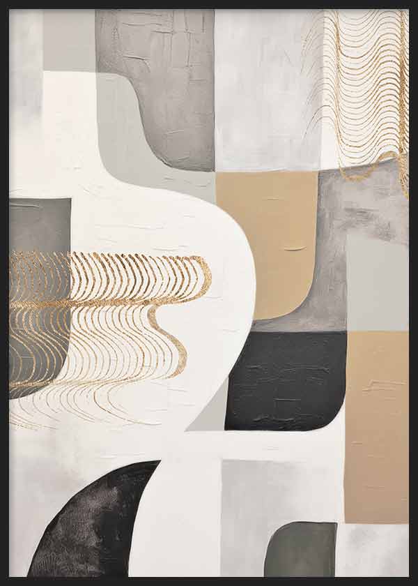 Cuadro con formas abstractas curvas y rectangulares en blanco roto, beige, gris, negro y detalles dorados, de estilo abstracto. Disponible en kudeko.com