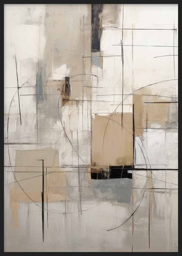 Cuadro con composición abstracta de líneas finas, bloques beige y grises, fondo blanco roto y acentos negros, de estilo abstracto. Disponible en kudeko.com