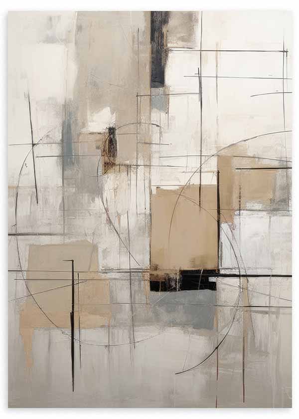 Cuadro con composición abstracta de líneas finas, bloques beige y grises, fondo blanco roto y acentos negros, de estilo abstracto. Disponible en kudeko.com