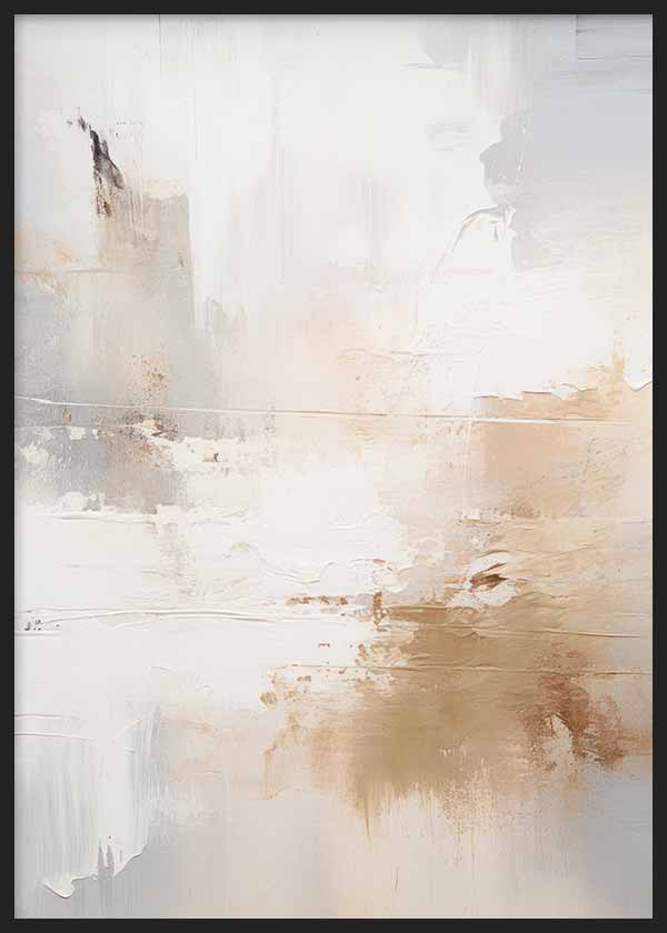 Cuadro abstracto de composición suave con manchas beige, arena, blanco roto y gris claro, de estilo abstracto. Disponible en kudeko.com