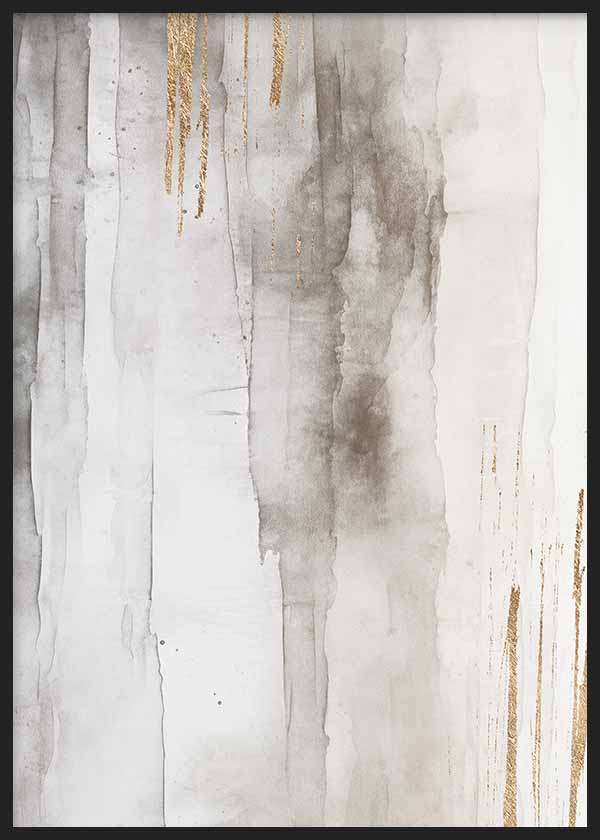 Cuadro con composición abstracta en blanco roto, gris suave, beige claro y detalles dorados verticales, de estilo abstracto. Disponible en kudeko.com