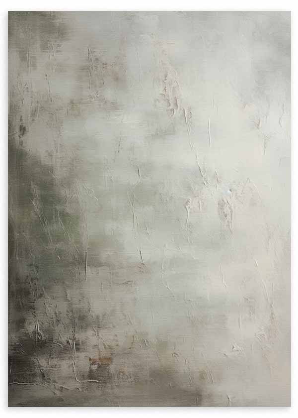 Cuadro con composición abstracta de texturas suaves en gris, beige, marfil y taupe, con fondo neutro de apariencia serena y estilo abstracto. Disponible en kudeko.com