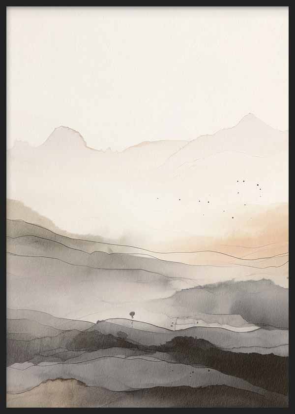 Cuadro con paisaje abstracto de montañas difusas, bruma suave, capas onduladas y tonos beige, gris, negro y blanco roto, de estilo abstracto. Disponible en kudeko.com