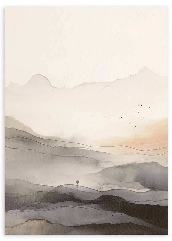 Cuadro con paisaje abstracto de montañas difusas, bruma suave, capas onduladas y tonos beige, gris, negro y blanco roto, de estilo abstracto. Disponible en kudeko.com
