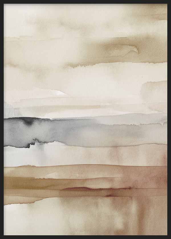 Cuadro con composición abstracta de franjas difuminadas en beige, arena, blanco roto, gris humo y marrón tostado, de estilo abstracto. Disponible en kudeko.com