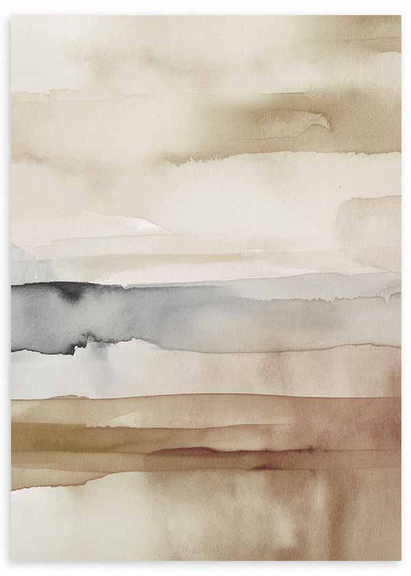 Cuadro con composición abstracta de franjas difuminadas en beige, arena, blanco roto, gris humo y marrón tostado, de estilo abstracto. Disponible en kudeko.com