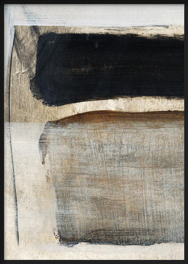Tableau encadré avec composition abstraite de grands blocs noirs, gris pierre et beige, accents marron discrets, fond clair texturé et style minimaliste. Disponible sur kudeko.com