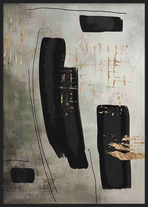 Cuadro de formas abstractas negras con líneas finas curvas, fondo gris texturizado y detalles dorados, de estilo abstracto. Disponible en kudeko.com