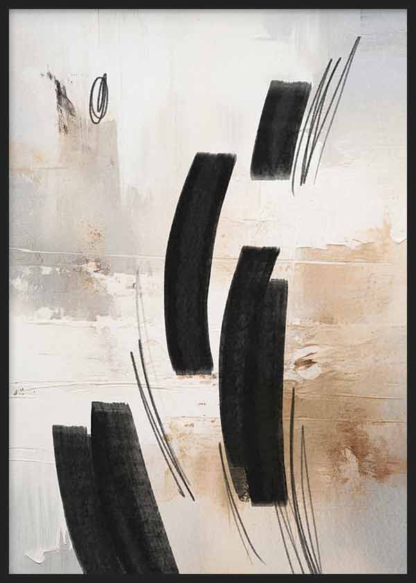 Cuadro con composición abstracta de formas negras curvas, líneas finas y fondo beige, blanco roto y tonos tierra, de estilo abstracto. Disponible en kudeko.com