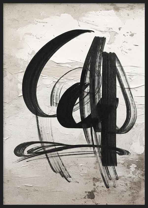 Cuadro con trazos negros curvos y formas gestuales sobre fondo beige texturizado, de estilo abstracto y contraste sobrio. Disponible en kudeko.com