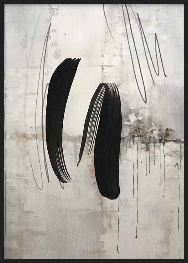 Cuadro con formas negras gestuales sobre fondo gris beige texturizado, líneas finas y composición abstracta contemporánea de estilo abstracto. Disponible en kudeko.com