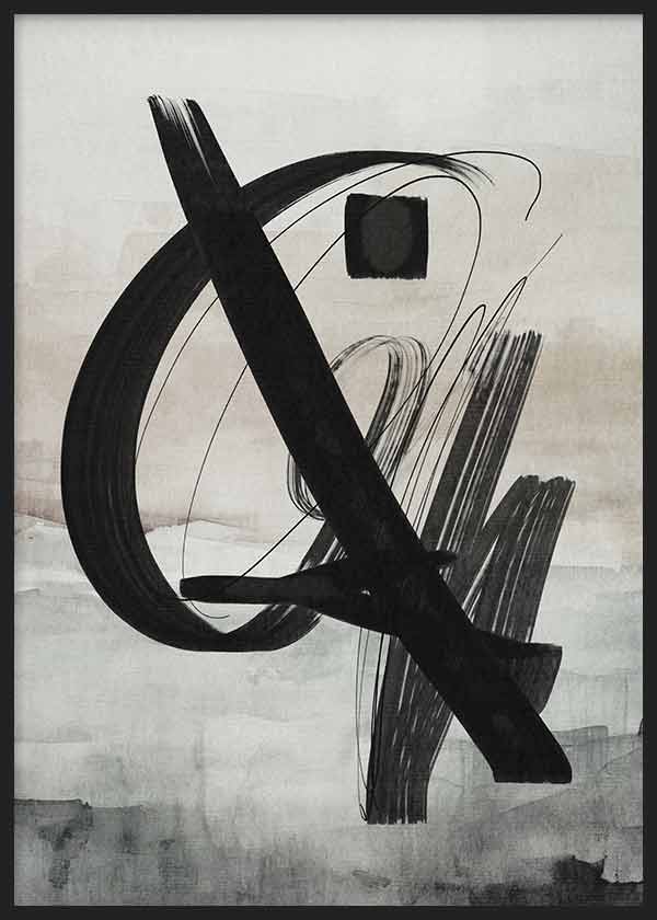 Quadro de composição abstrata em preto, cinzento e branco sujo com traços curvos, diagonal dominante, formas sobrepostas e estilo contemporâneo. Disponível em kudeko.com