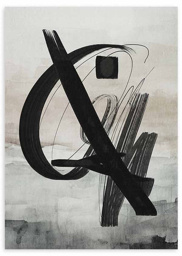 Cuadro de composición abstracta en negro, gris y blanco roto con trazos curvos, línea diagonal dominante, formas superpuestas y fondo suave de estilo abstracto. Disponible en kudeko.com