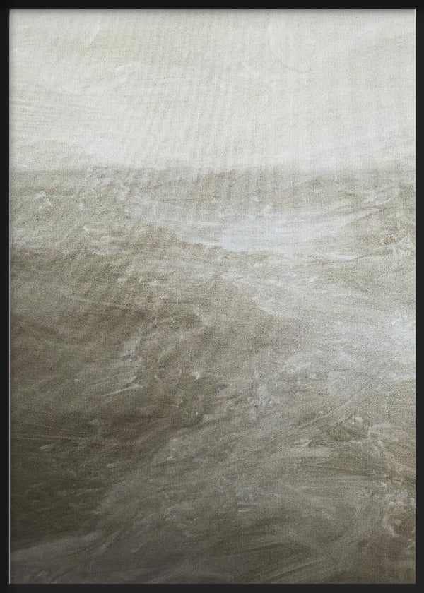 Tableau avec scène abstraite inspirée de la mer, dans des tons sable, gris pierre, blanc cassé et taupe, au style abstrait et apaisant. Disponible sur kudeko.com