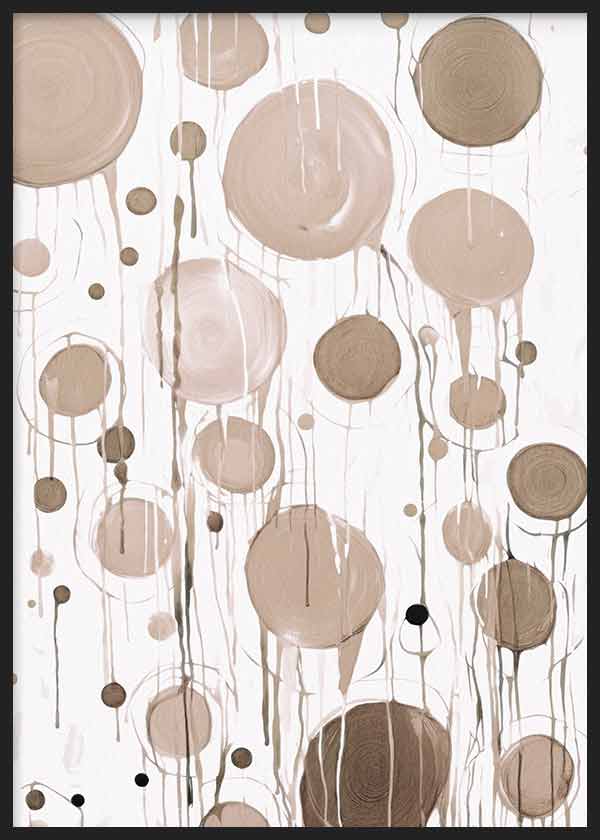 Cuadro con círculos abstractos en tonos beige, arena, topo y marrón sobre fondo blanco, con líneas fluidas y composición equilibrada de estilo abstracto. Disponible en kudeko.com