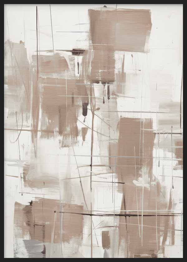 Cuadro con composición abstracta de bloques beige, arena y gris suave, líneas negras finas y fondo claro, de estilo abstracto. Disponible en kudeko.com