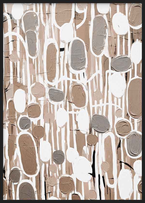 Cuadro con composición abstracta de óvalos alargados y formas orgánicas en beige, blanco, topo y gris suave, de estilo abstracto. Disponible en kudeko.com