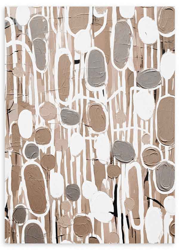 Wandbild mit abstrakter Komposition aus länglichen Ovalen und organischen Formen in Beige, Weiß, Taupe und sanftem Grau, im modernen klaren Stil. Erhältlich auf kudeko.com