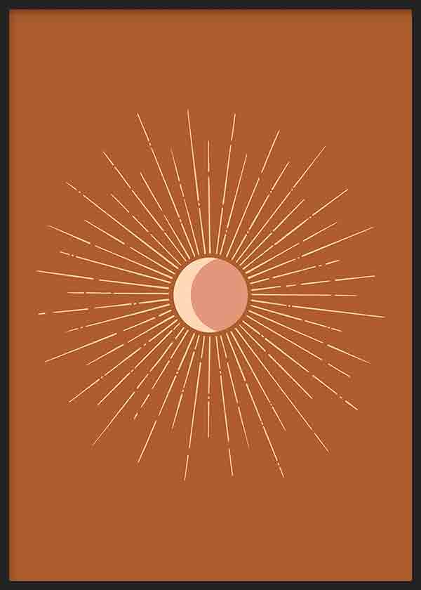 Cuadro de sol abstracto con círculo central rosa, rayos finos en color crema y fondo terracota cálido, de estilo minimalista. Disponible en kudeko.com