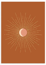 Cuadro de ilustración artística de eclipse solar sobre fondo naranja oscuro.