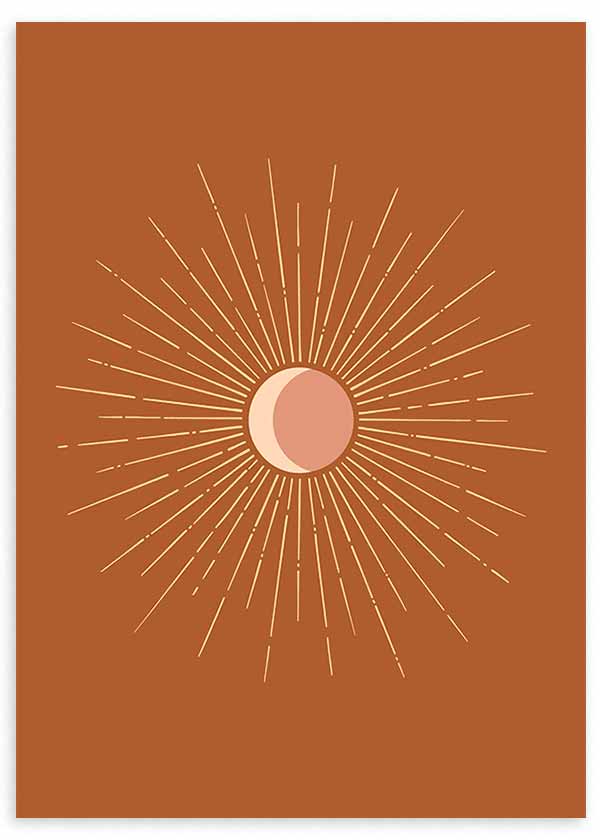 Cuadro de ilustración artística de eclipse solar sobre fondo naranja oscuro.