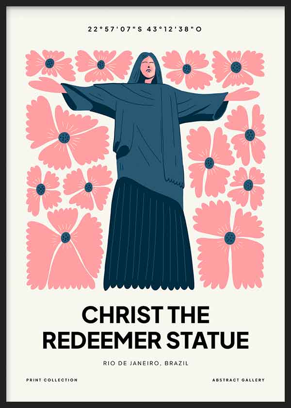 Cuadro de Cristo Redentor rodeado de flores rosadas, fondo claro, tipografía negra y composición decorativa en azul oscuro, de estilo ilustración. Disponible en kudeko.com