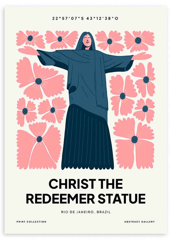 Gerahmtes Wandbild mit Christus der Erlösung in der Mitte, großen rosa Blumen, hellem Hintergrund, schwarzen Schriftdetails, Dunkelblau und zeitgemäßem Illustrationsstil. Erhältlich auf kudeko.com