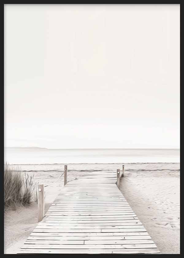 Cuadro de muelle de madera sobre playa tranquila con arena clara, mar sereno, horizonte suave y tonos beige, blancos y grises, de estilo naturaleza y paisajes. Disponible en kudeko.com
