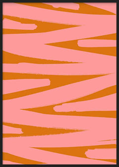 Quadro com faixas diagonais irregulares em rosa coral e laranja terracota, composição abstrata dinâmica com contraste definido e estilo contemporâneo. Disponível em kudeko.com