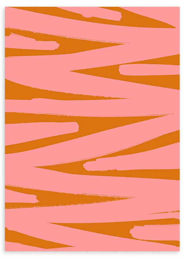 Cuadro con franjas diagonales irregulares en rosa coral y naranja teja, composición dinámica de gran contraste y estilo abstracto. Disponible en kudeko.com