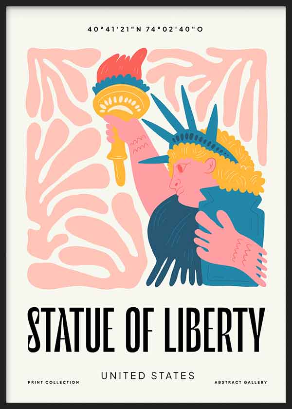Cuadro con ilustración de la Estatua de la Libertad en rosa, azul petróleo, amarillo y rojo, con formas planas y aire urbano contemporáneo. Disponible en kudeko.com