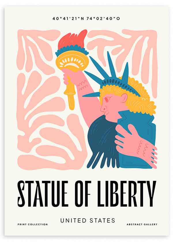 Tableau encadré avec illustration de la Statue de la Liberté, formes simplifiées, rose, bleu pétrole, jaune moutarde et rouge, style urbain contemporain sur fond clair. Disponible sur kudeko.com