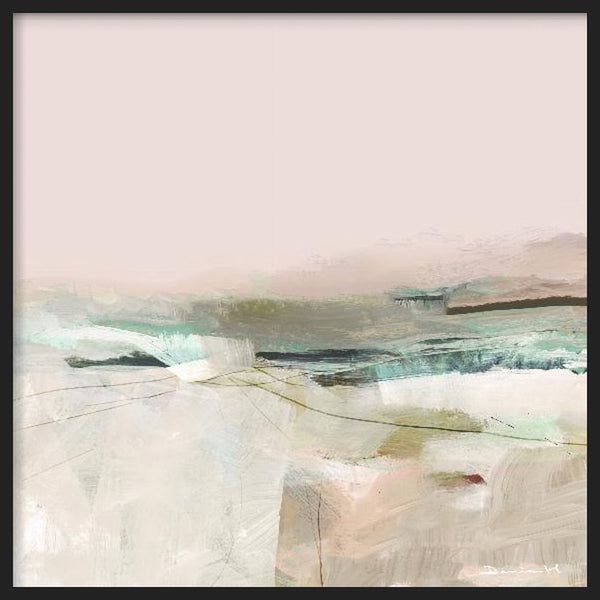 Cuadro cuadrado con paisaje abstracto en tonos rosa empolvado, beige, blanco roto y verde agua, con formas suaves y atmósfera serena de estilo abstracto. Disponible en kudeko.com