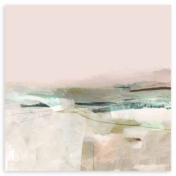 Cuadro cuadrado con paisaje abstracto en tonos rosa empolvado, beige, blanco roto y verde agua, con formas suaves y atmósfera serena de estilo abstracto. Disponible en kudeko.com