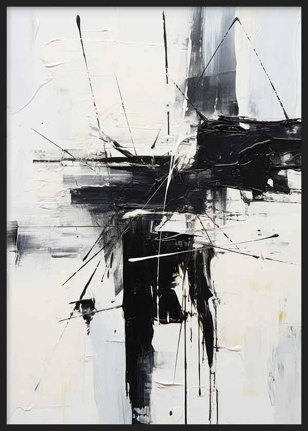 Cuadro con composición abstracta en negro, blanco y gris, con trazos lineales, manchas superpuestas y fuerte contraste visual de estilo abstracto. Disponible en kudeko.com