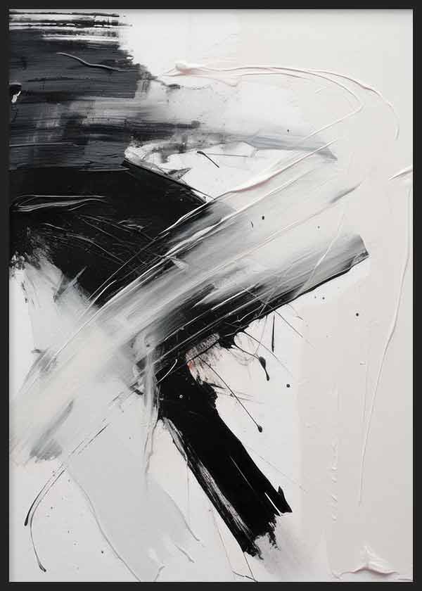 Cuadro con composición abstracta en blanco, negro y gris, con trazos amplios, formas cruzadas, manchas gestuales y contraste marcado de estilo abstracto. Disponible en kudeko.com