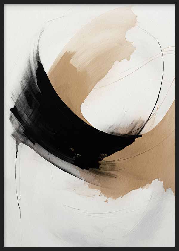 Tableau encadré avec composition abstraite, cercle blanc, trait noir, fond beige sable et nuances neutres, dans un style contemporain épuré. Disponible sur kudeko.com