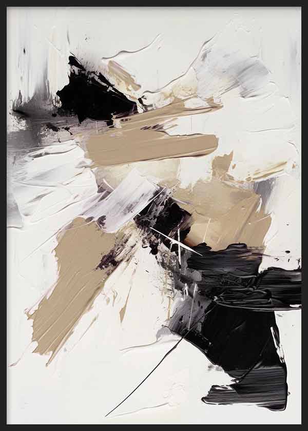 Tableau avec composition abstraite en noir, beige, blanc cassé et gris, grandes formes peintes, traits croisés, fond clair et style contemporain pour une décoration murale sobre. Disponible sur kudeko.com