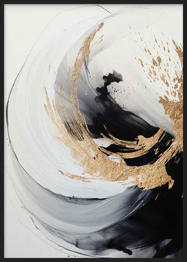 Quadro abstrato emoldurado com composição de curvas envolventes em branco, preto, cinzento e detalhes dourados, num estilo contemporâneo e mineral. Disponível em kudeko.com