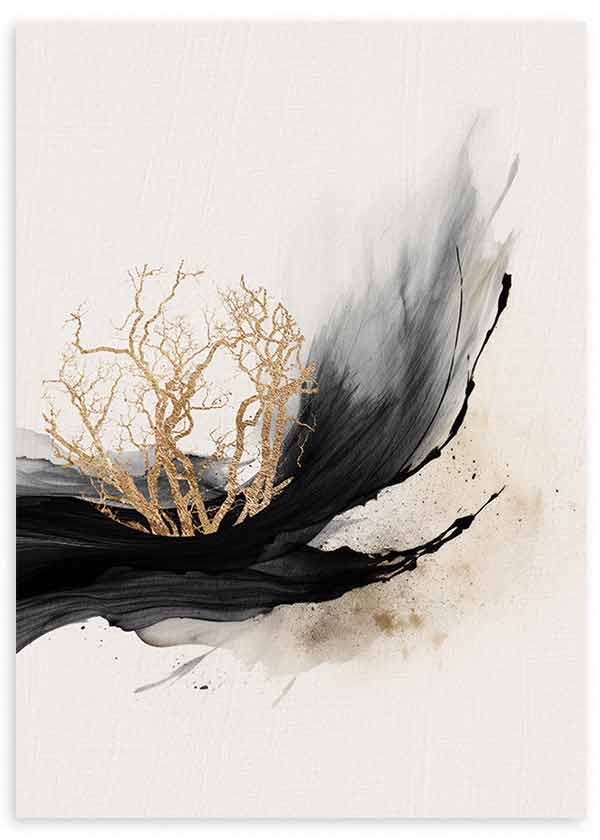Quadro emoldurado com ramos dourados sobre composição preta fluida, fundo branco quebrado, nuances bege e cinzentas, em estilo abstrato contemporâneo para decoração de parede. Disponível em kudeko.com