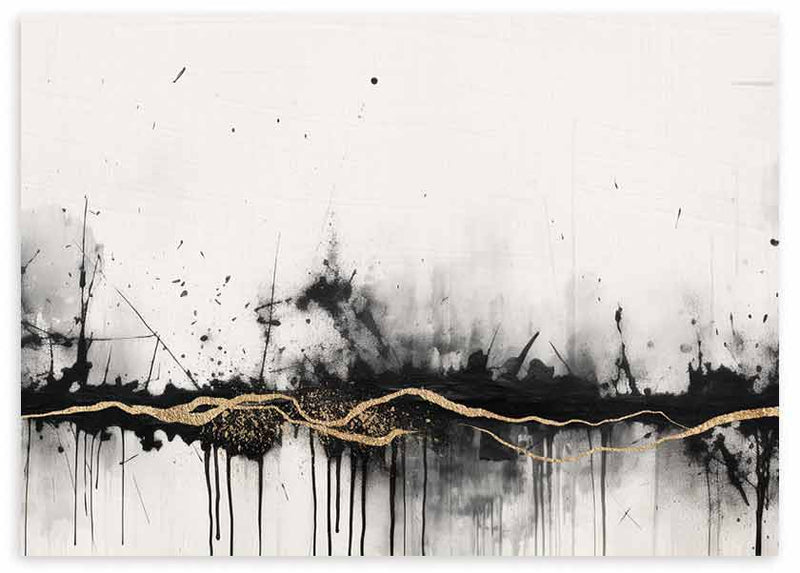 Quadro horizontal com composição abstrata em branco, preto e dourado, faixa central definida, salpicos escuros, formas difusas e efeito atmosférico de estilo contemporâneo. Disponível em kudeko.com