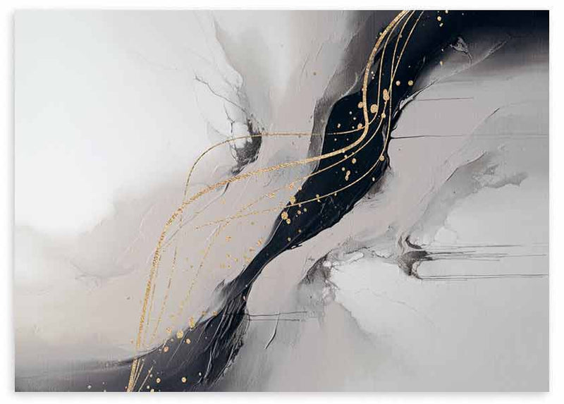 Quadro horizontal com forma abstrata preta sobre fundo branco e cinzento, detalhes dourados e estilo contemporâneo sóbrio para decoração de parede emoldurada. Disponível em kudeko.com