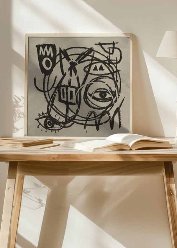 Quadratisches Wandbild mit abstrakter Komposition in Schwarz und Beige, großem zentralem Auge, symbolischen Formen, verflochtenen Linien und fragmentiertem Gesicht im grafischen Stil. Erhältlich auf kudeko.com