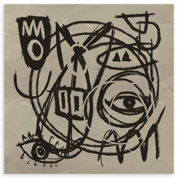Cuadro cuadrado con composición abstracta en negro y beige, gran ojo central, formas simbólicas, líneas entrelazadas y rostro fragmentado de estilo abstracto. Disponible en kudeko.com
