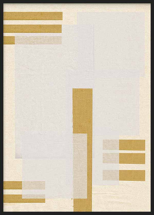 Cuadro con composición abstracta de rectángulos y franjas en beige, blanco roto y mostaza suave, con estética limpia y equilibrada de estilo abstracto. Disponible en kudeko.com