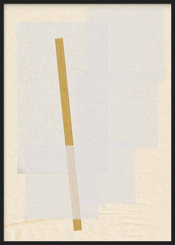 Cuadro con collage abstracto de formas rectangulares en blanco roto, beige claro y detalle mostaza, de estilo minimalista. Disponible en kudeko.com